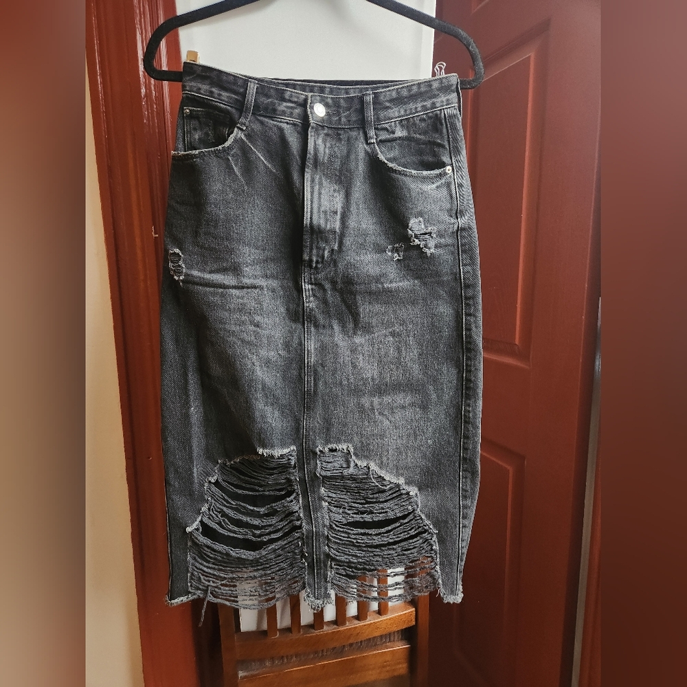 Distressed Black Denim Pencil Skirt